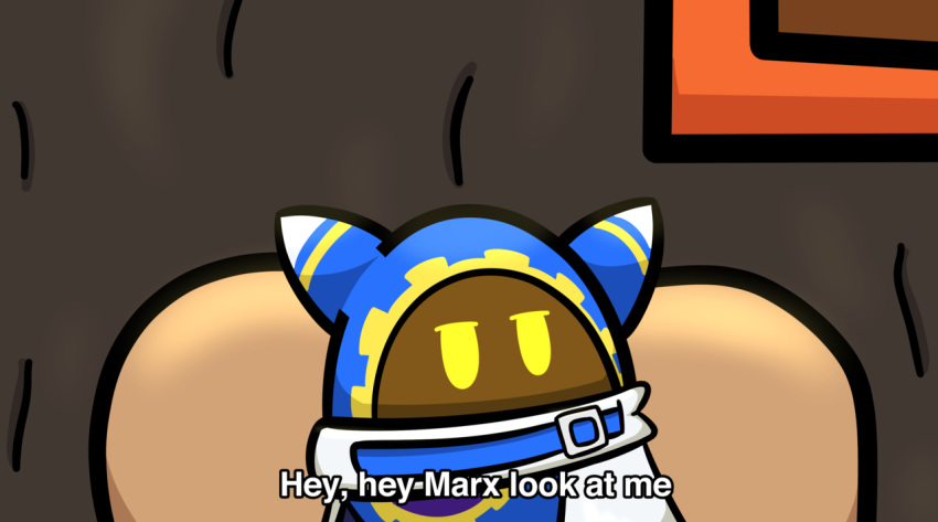 alien ambiguous_gender cape chari close-up clothed clothing crossover dialogue english_text humor kirby_(series) magolor nintendo not_furry pointy_ears sitting solo tastelessdrawings text the_eric_andre_show video_games waddling_head yellow_eyes
