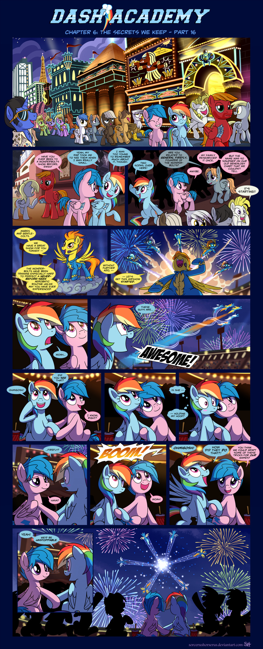 2014 avian blonde_hair blue_hair building comic cutie_mark derpy_hooves_(mlp) dialog english_text equine female firefly_(mlp) fireworks flying friendship_is_magic gilda_(mlp) group gryphon hair headset las_pegasus male mammal multi-colored_hair my_little_pony night outside pegasus purple_eyes rainbow_dash_(mlp) rainbow_hair score_(mlp) skinsuit sky sorcerushorserus spitfire_(mlp) stars surprise_(mlp) text wings wonderbolts_(mlp) yellow_eyes