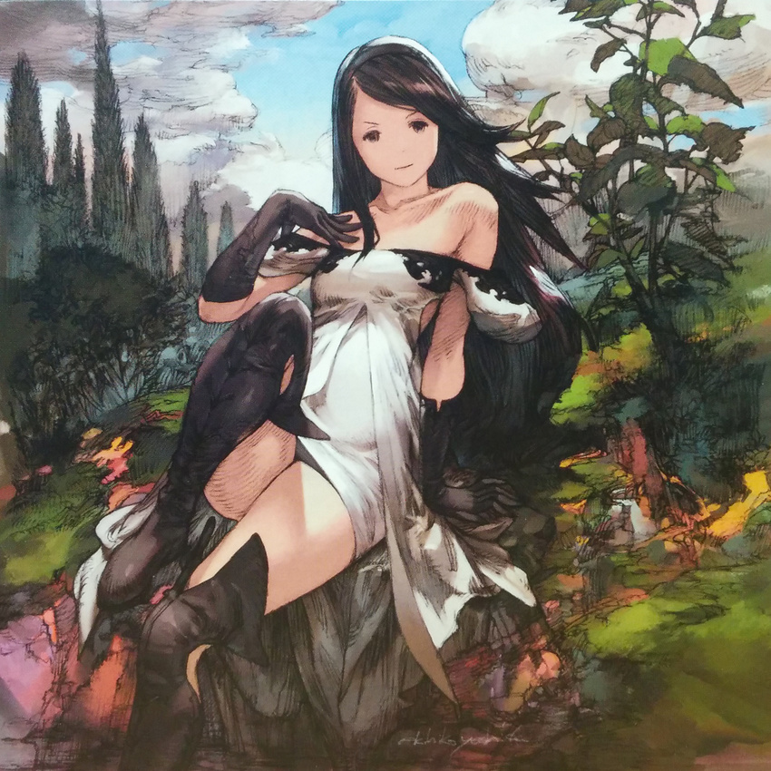 agnes_oblige arm_support bangs black_eyes black_gloves black_hair black_legwear boots bravely_default:_flying_fairy bravely_default_(series) dress forest gloves hairband hand_on_own_chest highres leg_up long_hair nature scan smile solo swept_bangs thigh_boots thighhighs white_dress yoshida_akihiko