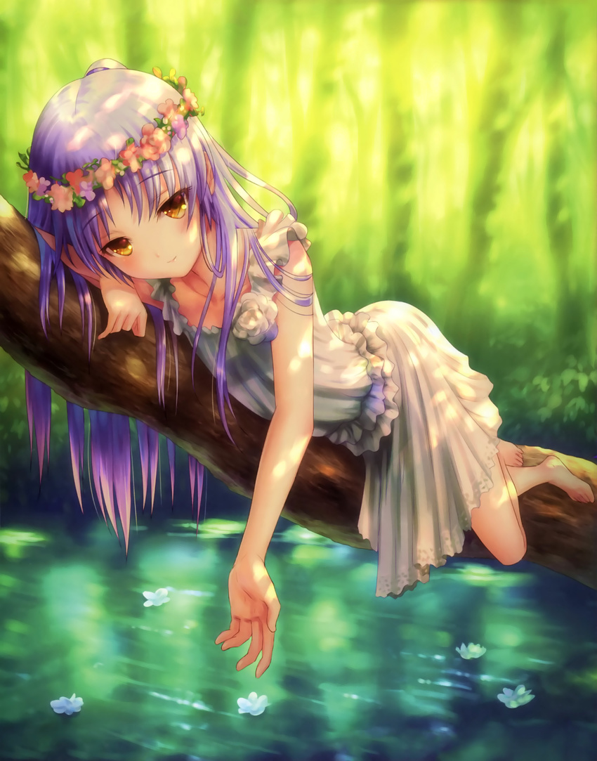 absurdres angel_beats! barefoot branch dappled_sunlight dress flower goto_p head_wreath highres lavender_hair light_smile long_hair looking_at_viewer lying nature outdoors short_dress sleeveless sleeveless_dress solo sunlight tenshi_(angel_beats!) virgo water white_dress yellow_eyes