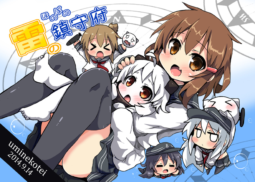 &gt;_&lt; :d =_= akatsuki_(kantai_collection) black_hair blush brown_eyes brown_hair chibi closed_eyes folded_ponytail hair_ornament hairclip hat hibiki_(kantai_collection) horns ikazuchi_(kantai_collection) inazuma_(kantai_collection) kantai_collection long_hair mittens multiple_girls northern_ocean_hime open_mouth oshiruko_(uminekotei) pleated_skirt school_uniform serafuku shinkaisei-kan short_hair skirt smile translation_request white_hair white_skin