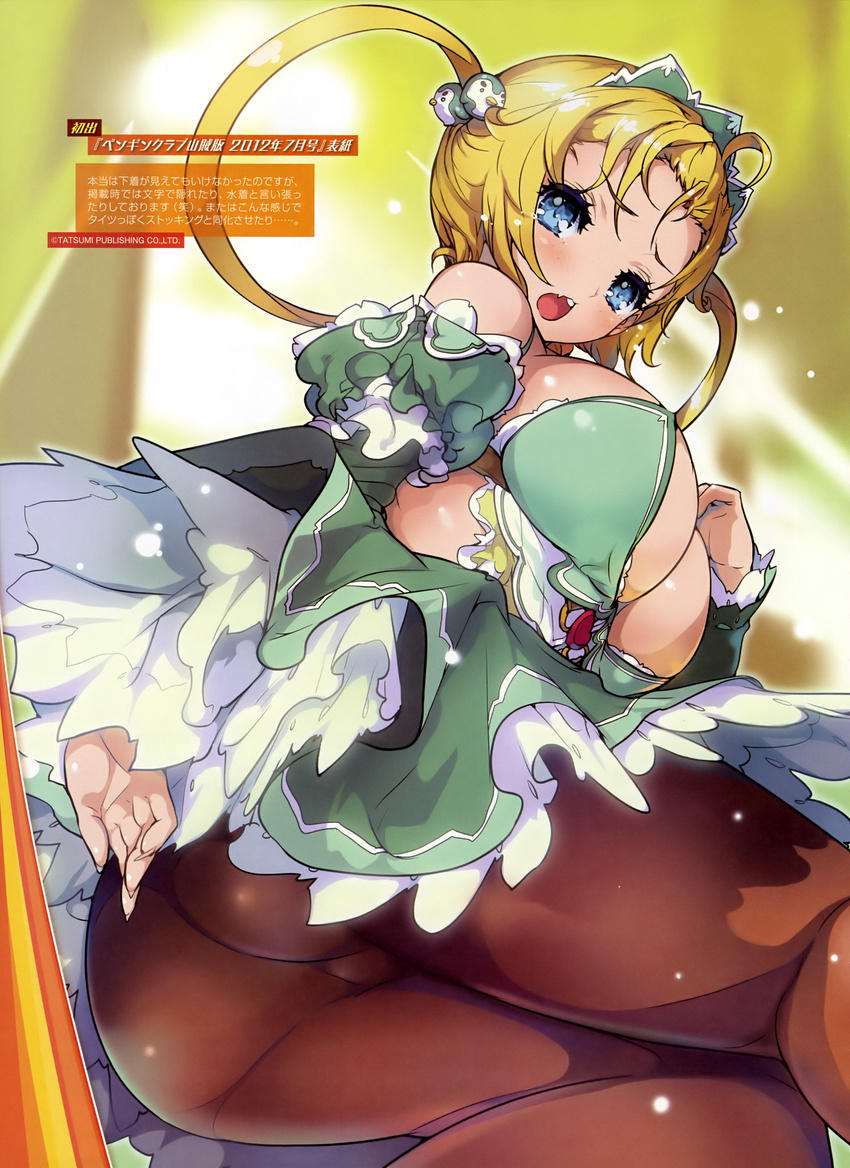 absurdres akaga_hirotaka ass bare_shoulders blonde_hair blue_eyes blush breasts brown_legwear cleavage dress fang hair_bobbles hair_ornament headdress highres large_breasts long_hair looking_back open_mouth pantyhose scan solo twintails