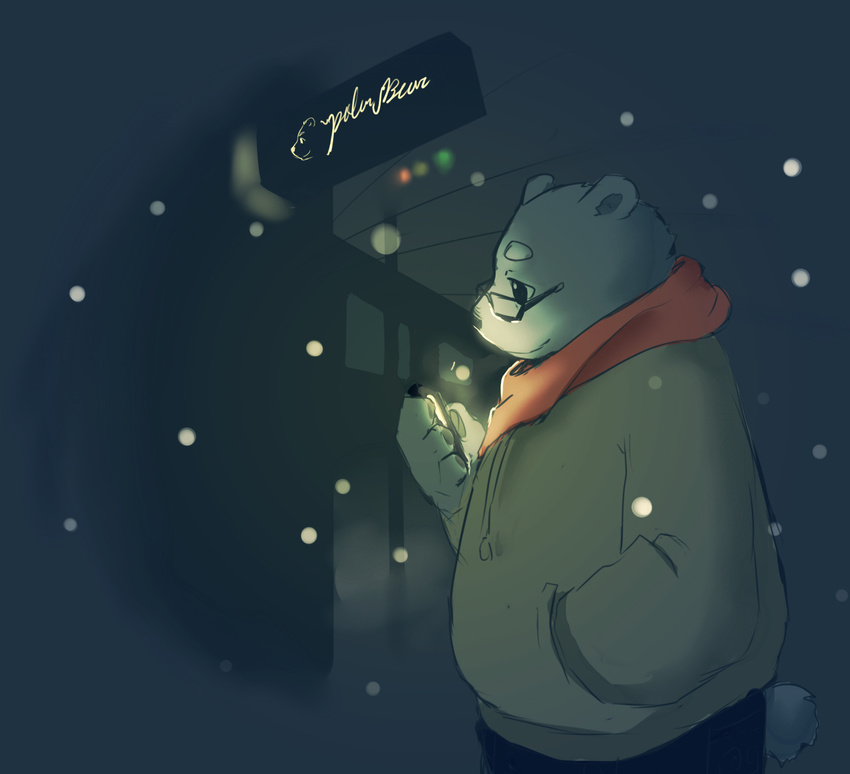 anthro bear city clothing eyebrows eyeglasses hoodie kemono mammal outside polar_bear snow snowing solo stevenlew