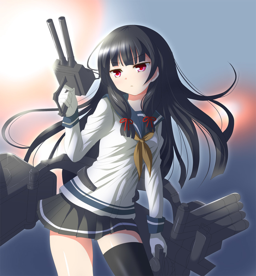 bangs black_hair black_legwear blunt_bangs deego_(omochi_bazooka) gloves grey_skirt highres hime_cut isokaze_(kantai_collection) kantai_collection long_hair long_sleeves machinery neckerchief pleated_skirt red_eyes sailor_collar school_uniform serafuku sidelocks single_thighhigh skirt solo thighhighs white_gloves