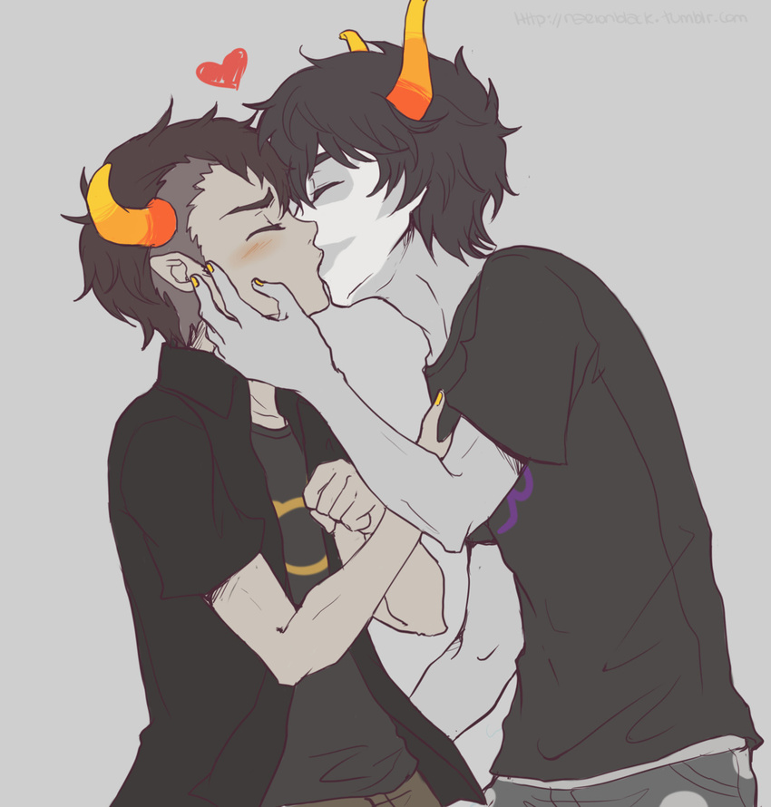 black_hair closed_eyes gamzee_makara grey_skin heart highres homestuck horns jacket kiss makeup male_focus mohawk multiple_boys polka_dot polka_dot_legwear tavros_nitram troll_(homestuck) yaoi