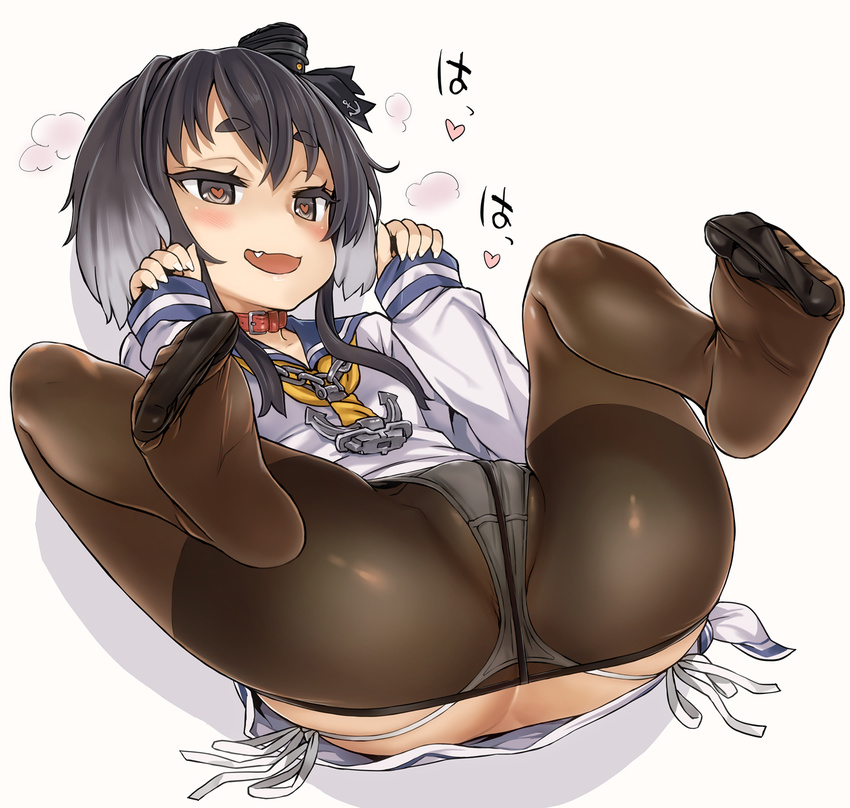 asanagi ass black_hair black_legwear blush collar crotch_seam dress eyebrows fang feet hat heart heart-shaped_pupils heavy_breathing highres kantai_collection lying mini_hat on_back open_mouth panties panties_under_pantyhose pantyhose partially_visible_anus presenting red_collar sailor_dress short_hair short_hair_with_long_locks side-tie_panties sidelocks simple_background sleeves_past_wrists smile soles solo spread_legs string_panties symbol-shaped_pupils thick_eyebrows thighband_pantyhose toe_scrunch toes tokitsukaze_(kantai_collection) translated underwear white_background white_panties