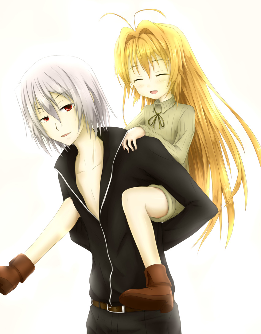 1girl absurdres ai_(kaminai) antenna_hair asakurashinji blonde_hair carrying closed_eyes hampnie_hambart highres kamisama_no_inai_nichiyoubi long_hair open_mouth piggyback red_eyes silver_hair smile