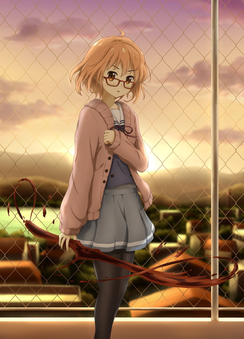 absurdres asakurashinji black_legwear blood_sword blurry brown_eyes brown_hair chain-link_fence depth_of_field fence glasses hemokinesis highres holding kuriyama_mirai kyoukai_no_kanata looking_at_viewer open_mouth pantyhose pleated_skirt school_uniform serafuku short_hair skirt solo sweater sword twilight weapon