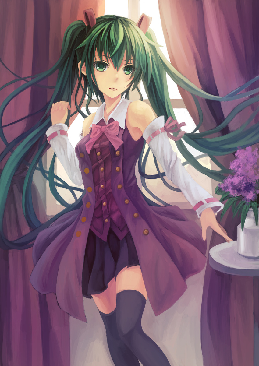 curtains detached_sleeves flower green_eyes green_hair hatsune_miku highres long_hair skirt solo thighhighs twintails very_long_hair vocaloid window youxuemingdie