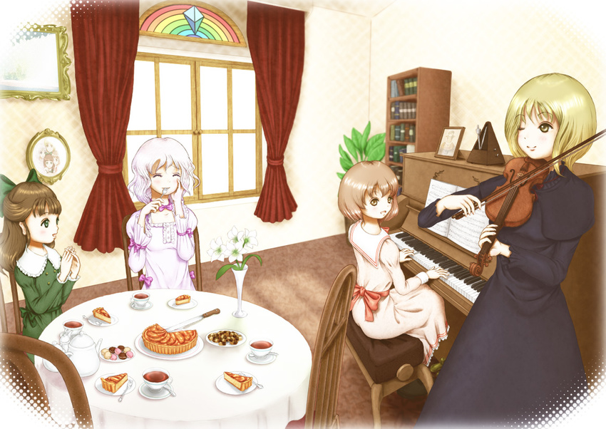 ;) alternate_costume blonde_hair bookshelf bow brown_eyes brown_hair chair checkerboard_cookie cookie cup curtains dress eating flower food fork frilled_dress frills green_eyes hair_bow halftone hand_on_own_cheek instrument knife kurage_(artist) lavender_hair layla_prismriver long_hair lunasa_prismriver lyrica_prismriver macaron merlin_prismriver metronome multiple_girls music no_hat no_headwear one_eye_closed piano piano_bench picture_(object) plant plate playing_instrument playing_piano portrait_(object) potted_plant rainbow sauce sitting smile spoon sweets table tablecloth tart_(food) tea teacup teapot touhou vase violin window yellow_eyes