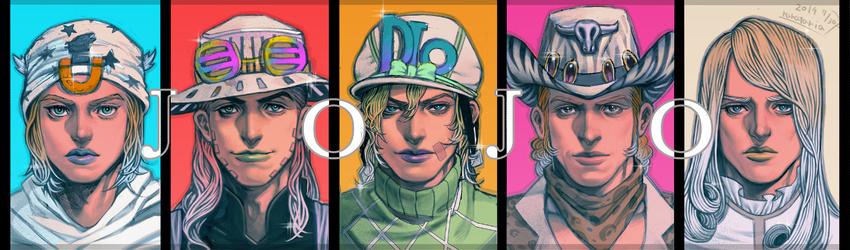 blonde_hair diego_brando funny_valentine gyro_zeppeli hat highres johnny_joestar jojo_no_kimyou_na_bouken kanataria lipstick makeup mountain_tim multiple_boys steel_ball_run