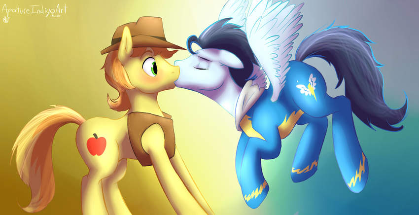 apertureindigo blue_fur blue_hair blush braeburn_(mlp) cutie_mark duo earth_pony equine eyes_closed feral flying friendship_is_magic fur gay green_eyes hair hat horse kissing male mammal my_little_pony orange_hair pegasus pony soarin_(mlp) west wings wonderbolts_(mlp) yellow_fur