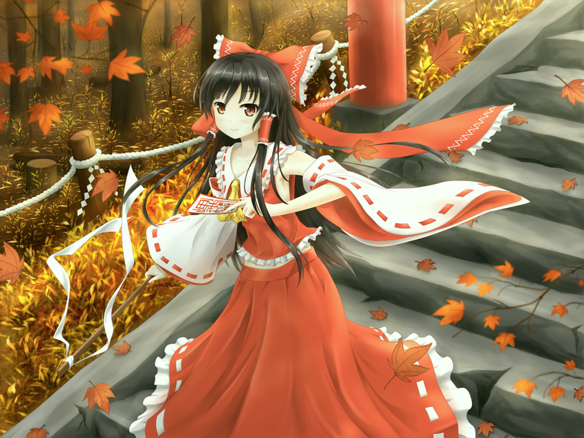 asakurashinji ascot black_hair bow brown_eyes detached_sleeves gohei hair_bow hair_ribbon hair_tubes hakurei_reimu highres holding leaf looking_at_viewer ofuda ribbon smile solo stairs touhou wind