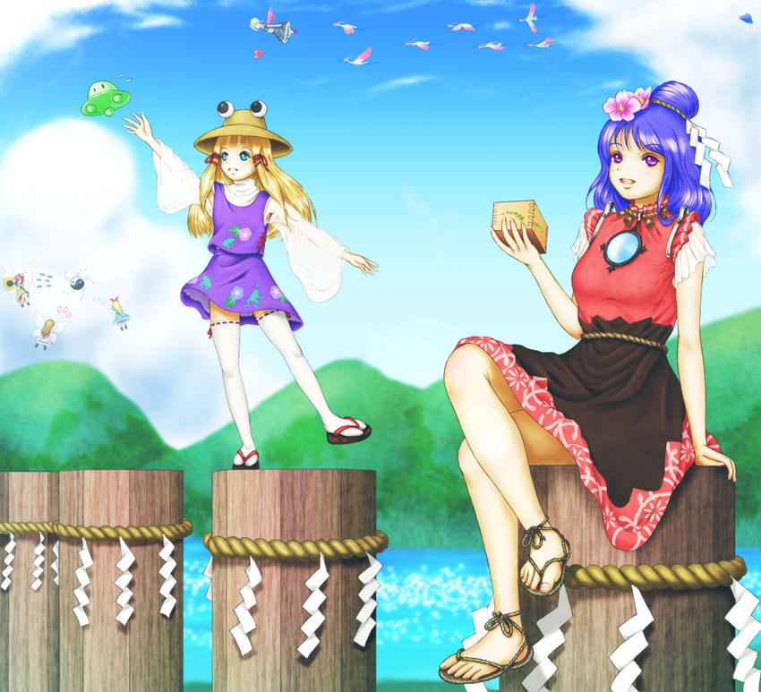 alternate_hair_length alternate_hairstyle battle blonde_hair blue_eyes crested_ibis danmaku fairy flying full_body kurage_(artist) moriya_suwako multiple_girls onbashira purple_eyes rope sandals see-through shimenawa shirt sitting sitting_on_object skirt sunflower_fairy thighhighs tokiko_(touhou) touhou ufo undefined_fantastic_object vest wide_sleeves wings yasaka_kanako yin_yang zettai_ryouiki