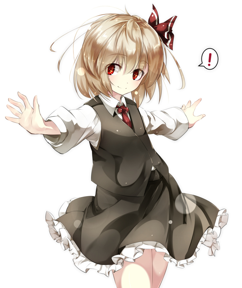 1girl blonde_hair collared_shirt cowboy_shot frilled_skirt frills gorilla_(bun0615) hair_ribbon highres long_sleeves looking_at_viewer necktie outstretched_arms red_eyes ribbon rumia shirt short_hair skirt skirt_set smile solo spread_arms touhou vest