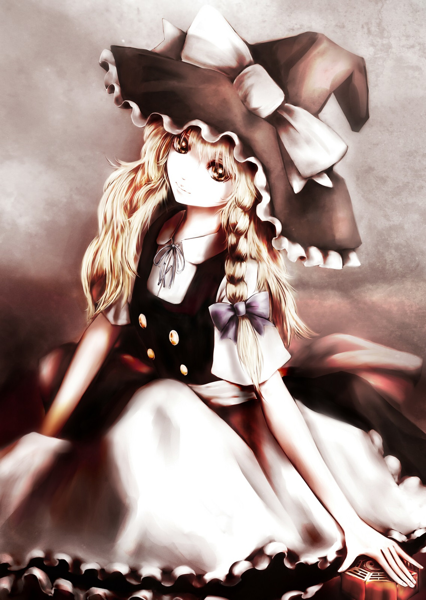 apron bad_id bad_pixiv_id blonde_hair bow braid frilled_skirt frills fuonon hair_bow hat hat_bow highres holding kirisame_marisa looking_at_viewer mini-hakkero neck_ribbon ribbon short_sleeves single_braid skirt solo touhou upper_body vest waist_apron white_bow witch_hat yellow_eyes