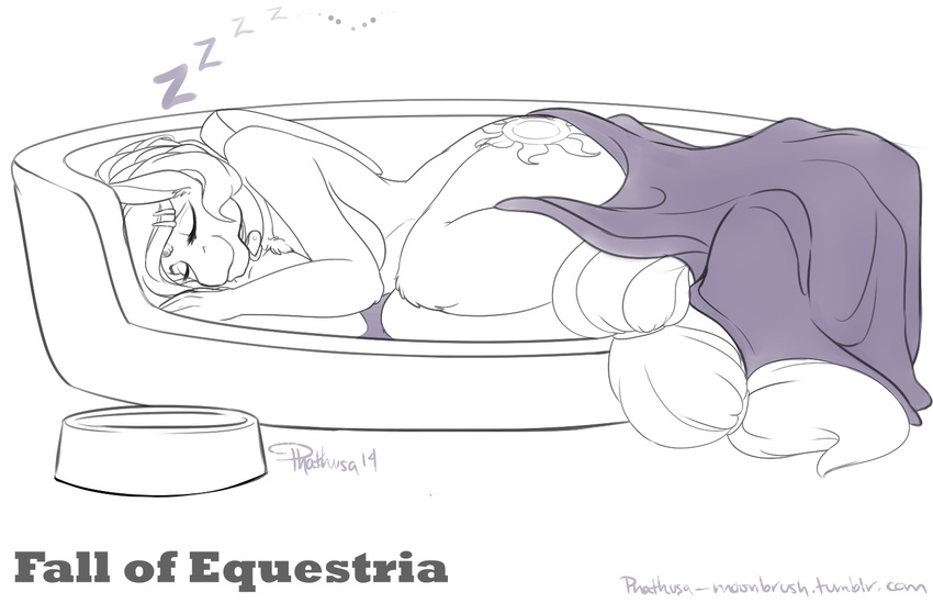 2014 anthro anthrofied black_and_white blanket cleavage clothed clothing collar cutie_mark dog_bed dog_bowl equine fall_of_equestria female friendship_is_magic hairpin horn lying mammal monochrome my_little_pony nude on_side phathusa princess_celestia_(mlp) severed_horn slave sleeping solo winged_unicorn wings zzz