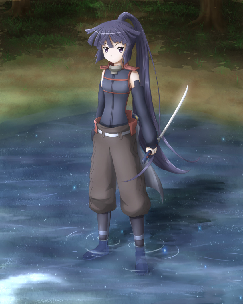 absurdres akatsuki_(log_horizon) asakurashinji boots detached_sleeves highres holding log_horizon long_hair looking_at_viewer ninja ninjatou ponytail purple_eyes purple_hair solo standing wading