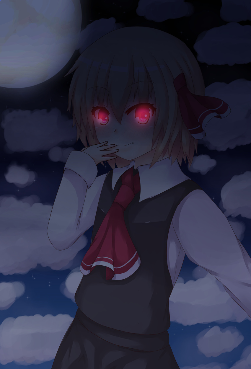 absurdres aiykawa ascot blonde_hair collared_shirt dark fang fang_out finger_sucking glowing glowing_eyes hair_ribbon highres night night_sky red_eyes ribbon rumia shirt short_hair skirt skirt_set sky smile solo touhou vest