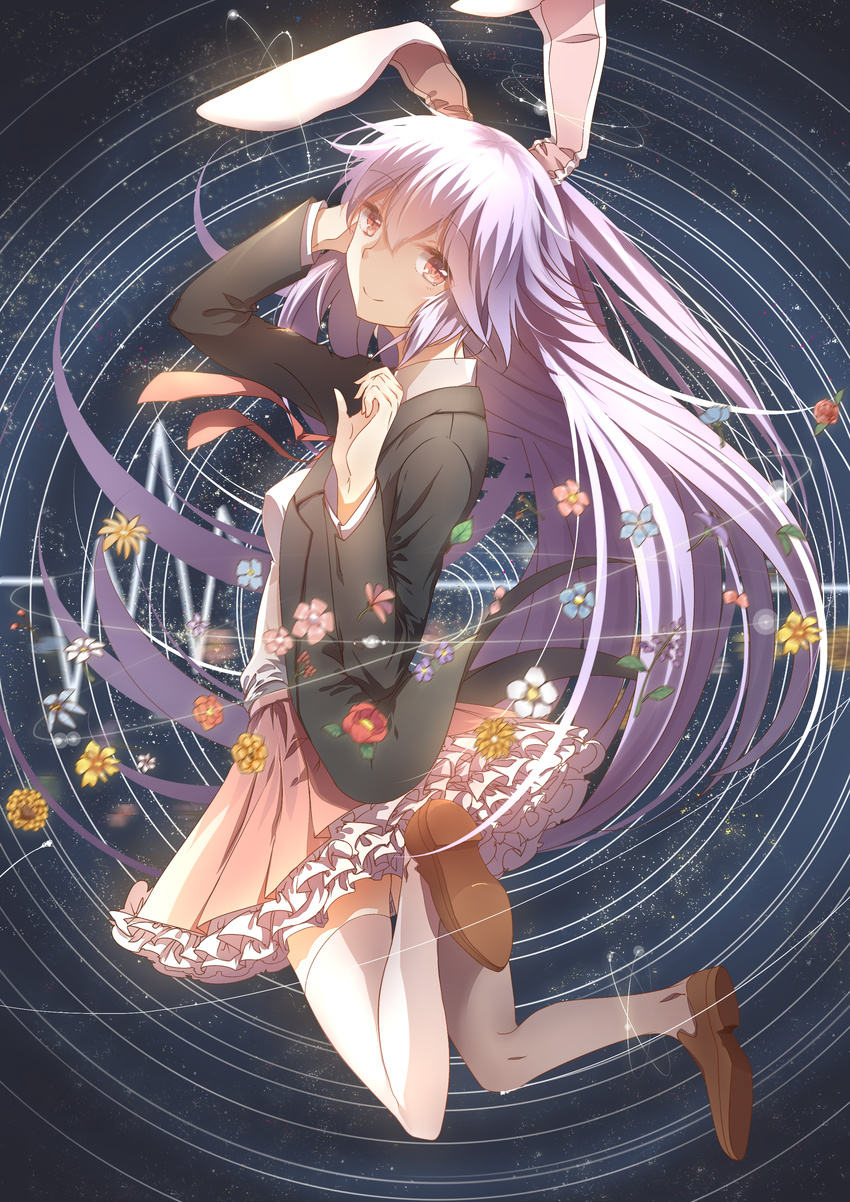 3000_xiao_chun absurdres adapted_costume animal_ears bunny_ears flower hand_in_hair highres jacket long_hair long_sleeves looking_at_viewer necktie open_clothes open_jacket petticoat pink_eyes pleated_skirt purple_hair reisen_udongein_inaba shirt skirt smile solo thighhighs touhou very_long_hair white_legwear zettai_ryouiki