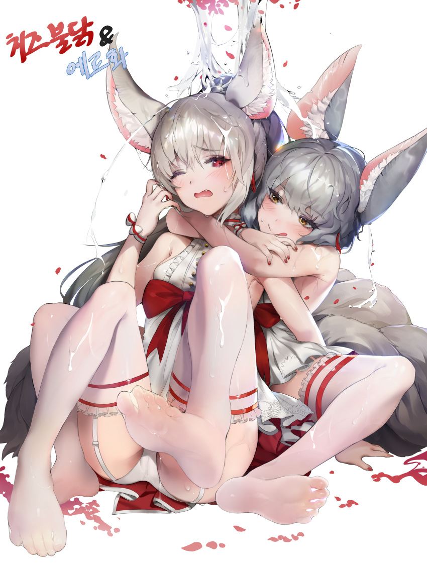 2girls absurdres animal_ear_fluff animal_ears ass bangs bare_shoulders blade_&amp;_soul blush breasts cameltoe center_frills dress eyebrows_visible_through_hair fang feet fox_ears fox_girl fox_tail frilled_legwear garter_straps grey_hair highres hug hug_from_behind legs licking_lips long_hair looking_at_viewer lyn_(blade_&amp;_soul) multiple_girls multiple_tails naughty_face no_shoes one_eye_closed panties pantsu petals ponytail red_eyes ribbon short_dress sideboob silver_hair sitting soles spread_legs stockings tail thighhighs toes tongue tongue_out underwear water wet white_legwear white_panties wince wrist_ribbon yuri