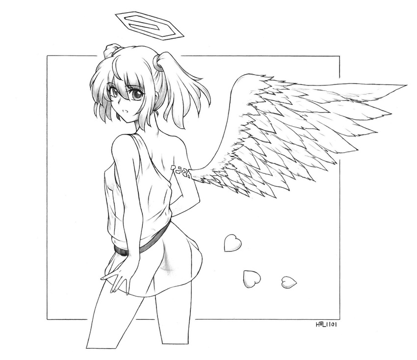 angel angel_wings ass border border_break cowboy_shot cropped_legs detached_wings from_behind graphite_(medium) greyscale halo harumachi_nagaaki heart looking_back monochrome no_bra no_panties see-through simple_background single_wing solo traditional_media twintails wings