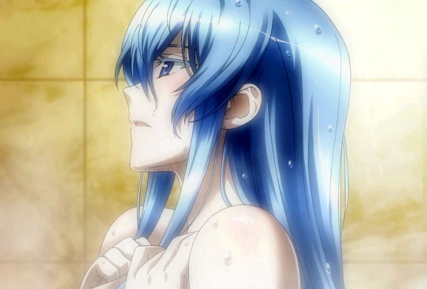 1girl akame_ga_kill! bathing blue_eyes blue_hair colored_eyelashes esdeath esdese highres long_hair open_mouth solo square_enix stitched water wet