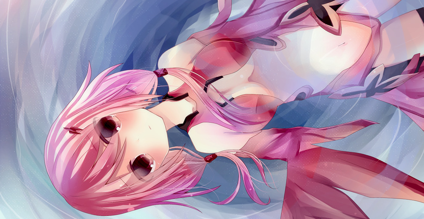 bad_id bad_pixiv_id bare_shoulders breasts center_opening cleavage detached_sleeves gloves guilty_crown hair_ornament hairclip kakyoxx long_hair looking_at_viewer medium_breasts navel partially_submerged pink_hair red_eyes solo twintails yuzuriha_inori