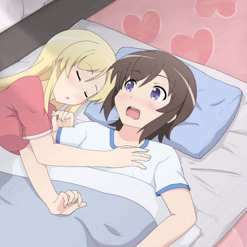 bed blonde_hair blush brown_hair closed_eyes futon futsuu_no_joshikousei_ga_locodol_yattemita gobanme_no_mayoi_neko highres hug kohinata_yukari long_hair multiple_girls open_mouth purple_eyes shared_blanket short_hair sleeping usami_nanako