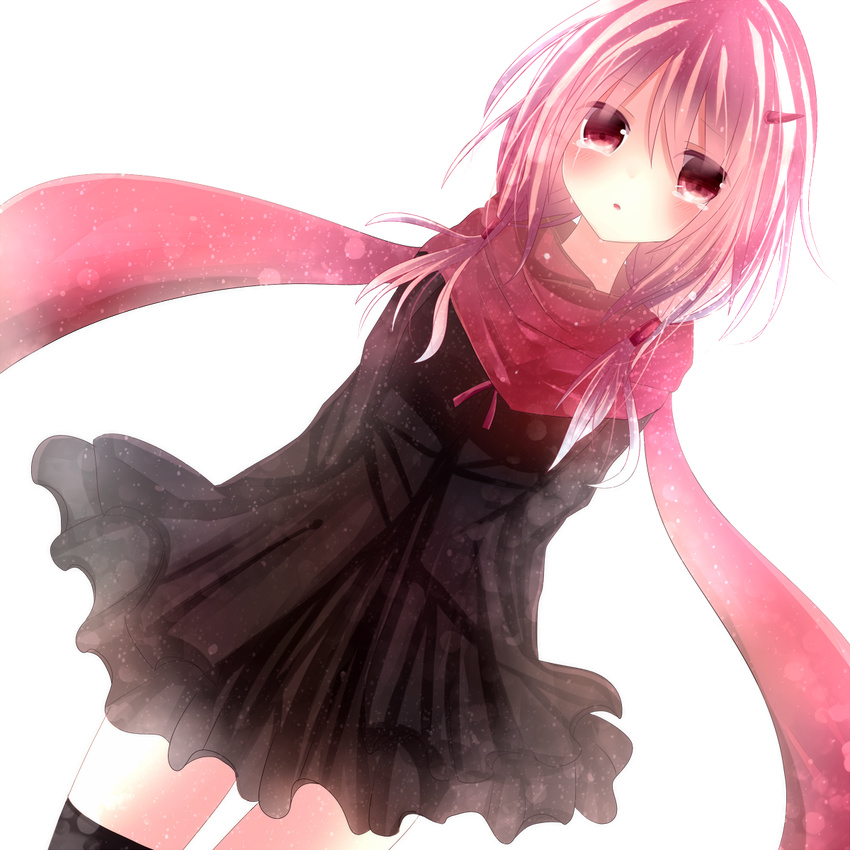 black_legwear crying crying_with_eyes_open guilty_crown hair_ornament hairclip highres kakyoxx long_hair looking_at_viewer open_mouth pink_hair red_eyes scarf solo tears twintails yuzuriha_inori