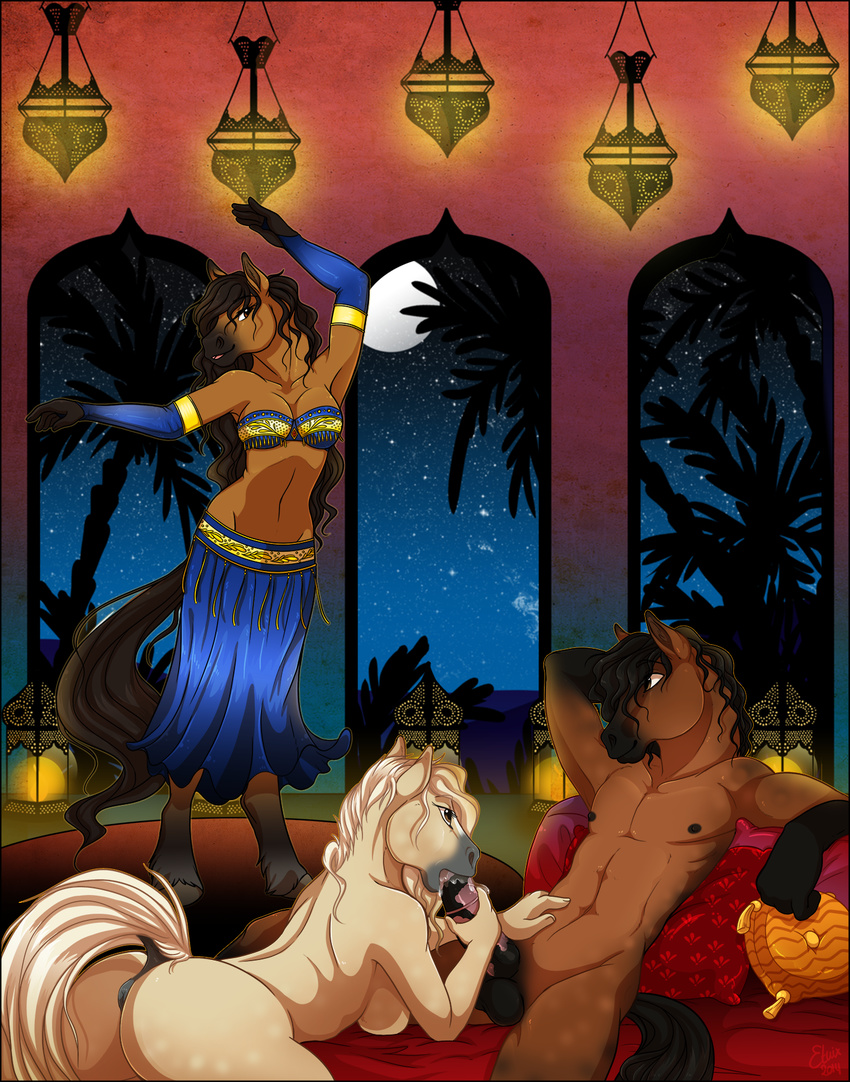belly_dancer candle clothed clothing cushion dancing elbow_gloves equine etuix female gloves hair harem_outfit horse male mammal midriff moon night nude oral oral_sex penis sex skirt stars