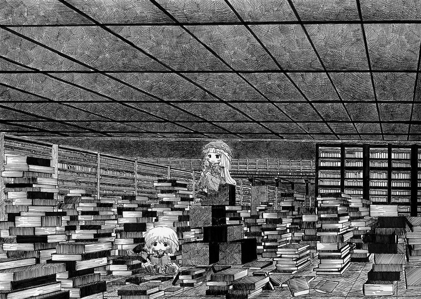 book book_stack bookshelf bow crescent greyscale hair_bow hat indoors kirisame_marisa library long_hair monochrome multiple_girls nib_pen_(medium) patchouli_knowledge ribbon smile soyanrai touhou traditional_media witch_hat