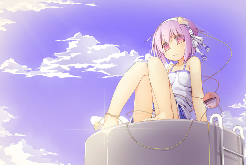 akirame alternate_costume bare_arms bare_legs bare_shoulders barefoot blue_sky casual chemise cloud collarbone contemporary day hair_ribbon heart highres knees_together_feet_apart komeiji_satori miniskirt panties pantyshot pantyshot_(sitting) pink_eyes pink_hair ribbon shirt sitting skirt sky sleeveless sleeveless_shirt smile solo striped striped_panties third_eye touhou underwear upskirt