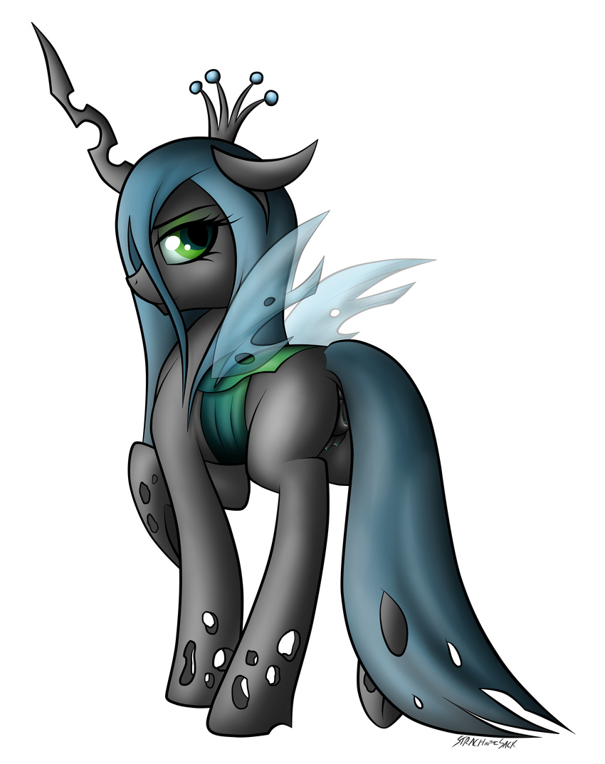 2014 absurd_res butt changeling female feral friendship_is_magic green_eyes hair hi_res horn looking_at_viewer my_little_pony plain_background presenting presenting_hindquarters pussy queen_chrysalis_(mlp) raised_leg royalty smile solo strachinthesack teats wings