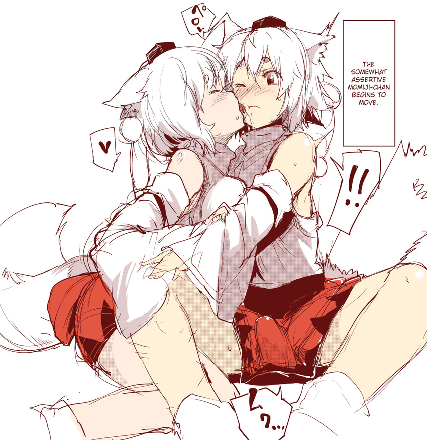 1boy 1girl animal_ears bare_shoulders blush crossdressing detached_sleeves dual_persona erection erection_under_clothes genderswap hard_translated hat hetero incest inubashiri_momiji karochii_(mochiya) licking penis rough selfcest siblings sketch tail tokin_hat tongue touhou translated trap wolf_ears wolf_tail