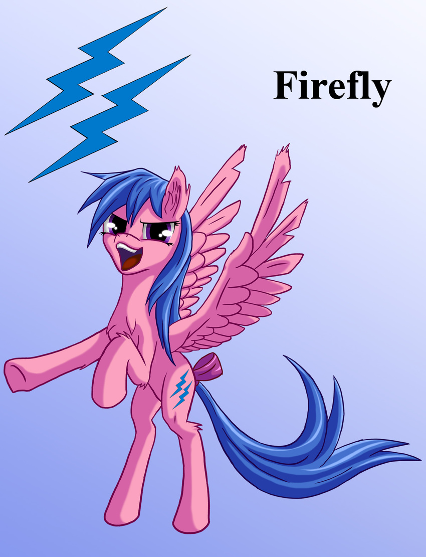 blue_hair bow cutie_mark equine female firefly_(mlp) fur gradient_background hair hi_res looking_at_viewer mammal my_little_pony open_mouth pegasus pink_fur purple_eyes shaded smile solo starbat wings