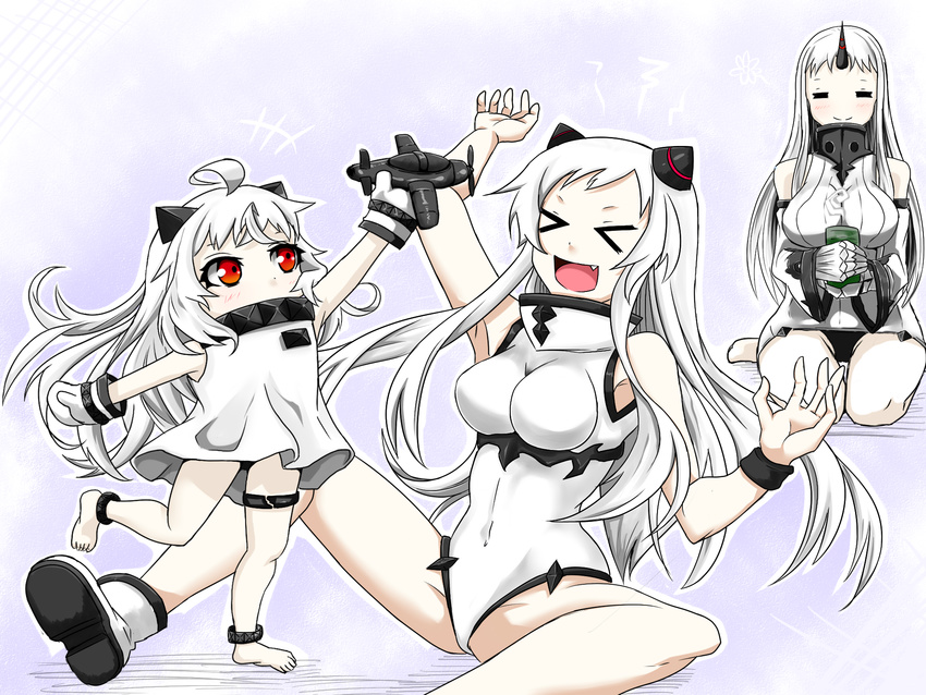 &gt;_&lt; :d =_= ahoge aircraft airfield_hime airplane breasts claws closed_eyes covered_mouth detached_sleeves dress highres holding horn horns kantai_collection large_breasts leotard long_hair mittens multiple_girls northern_ocean_hime open_mouth pale_skin rakku_(10219563) red_eyes ribbed_dress seaport_hime seiza shinkaisei-kan short_dress sitting smile white_hair xd