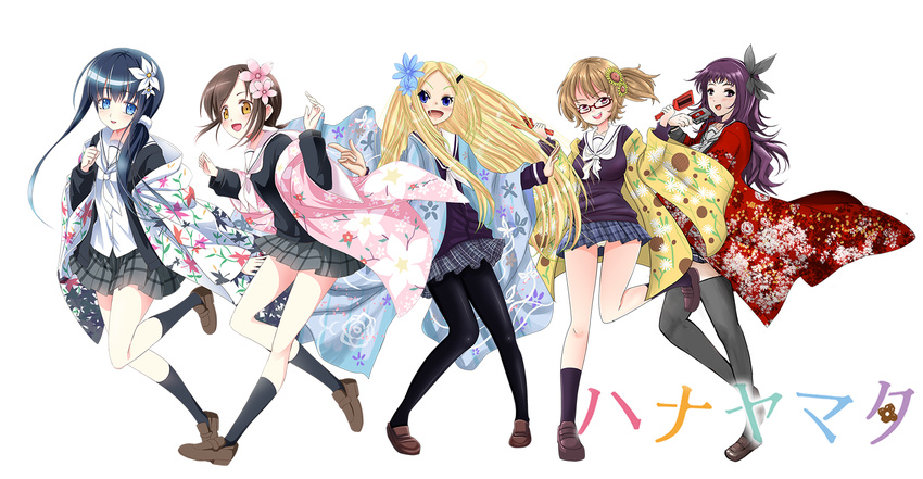 black_hair black_legwear blonde_hair blue_eyes brown_eyes brown_hair glasses hana_n_fountainstand hanayamata long_hair multiple_girls naruko_(instrument) nishimikado_tami nonoririn pantyhose purple_eyes purple_hair red_eyes sasame_yaya school_uniform sekiya_naru short_hair skirt thighhighs tokiwa_machi