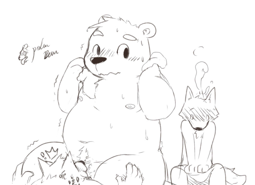 bear canine chubby eyebrows fellatio kemono male mammal monochrome moobs nude oral oral_sex plain_background polar_bear sex sitting size_difference sketch stevenlew sweat towel trembling white_background