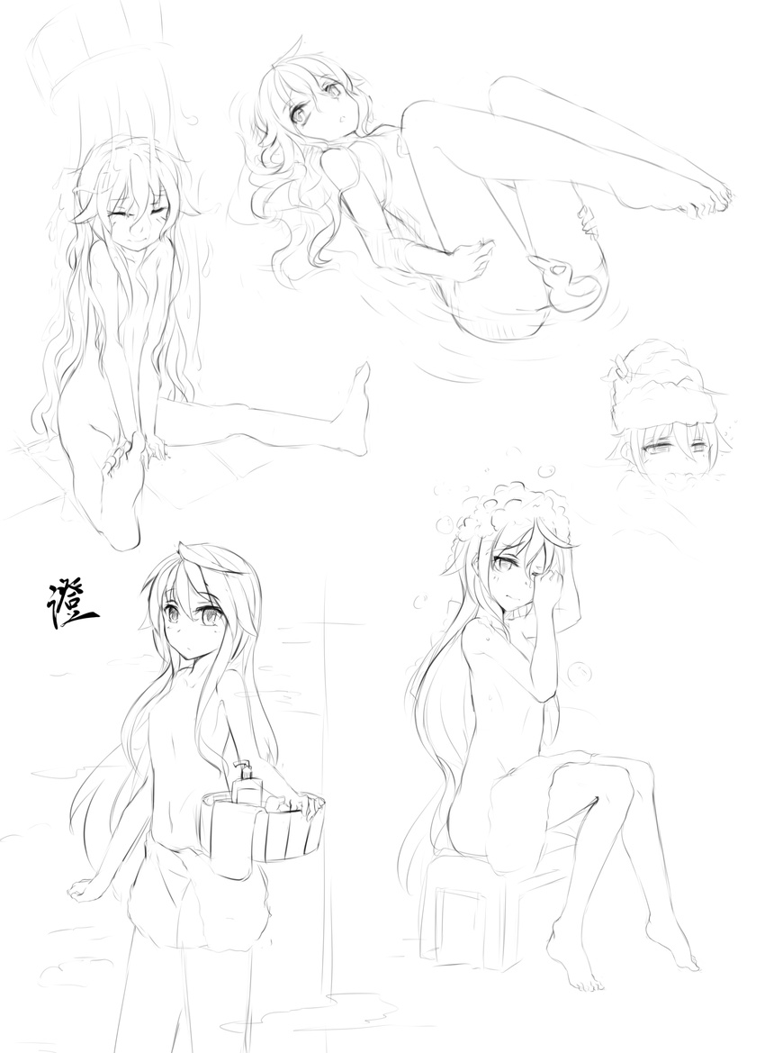 463_jun bath_stool bathing bucket censored chung_seiker closed_eyes convenient_censoring elesis_(elsword) elsword feet greyscale highres legs_up long_hair monochrome naked_towel nude rubber_duck sitting sketch stool topless towel towel_on_head v_arms very_long_hair washing washing_hair wooden_bucket