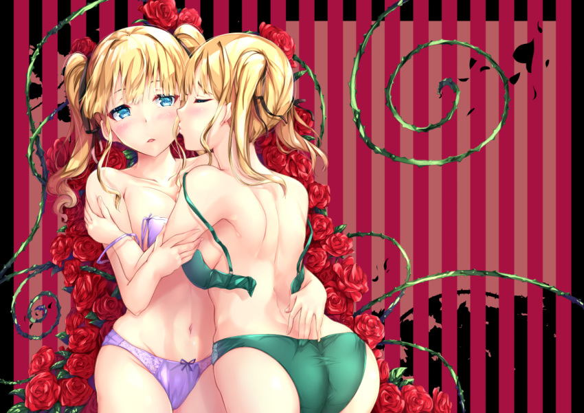 arm_grab ass back bangs black_ribbon blonde_hair blush bow bow_panties bra bra_pull breasts commentary_request eyes_closed flower green_bra green_panties hair_ribbon half-closed_eyes hand_in_panties holding hug kiss looking_at_another medium_breasts mizuki_kakeru navel open_bra open_pants original panties parted_lips plant pulled_by_another purple_bra purple_panties ribbon rose siblings sisters standing strap_slip striped striped_background thorns twins twintails underwear underwear_only vines yuri