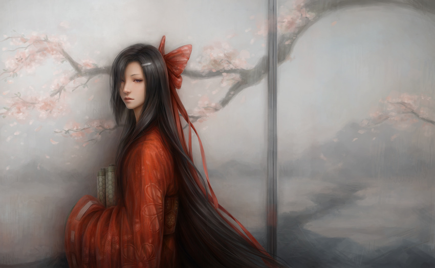 black_hair bow cherry_blossoms expressionless floral_print from_side fusuma hair_bow hair_ornament hair_over_one_eye hair_ribbon hairclip hexagon holding indoors japanese_clothes jason_peng kasugano_tsubaki kimono lips long_hair long_sleeves looking_at_viewer looking_back mirai_nikki painting_(object) parted_lips petals purple_eyes realistic ribbon ribbon-trimmed_sleeves ribbon_trim room scroll sleeves_past_wrists sliding_doors solo tree upper_body very_long_hair wide_sleeves