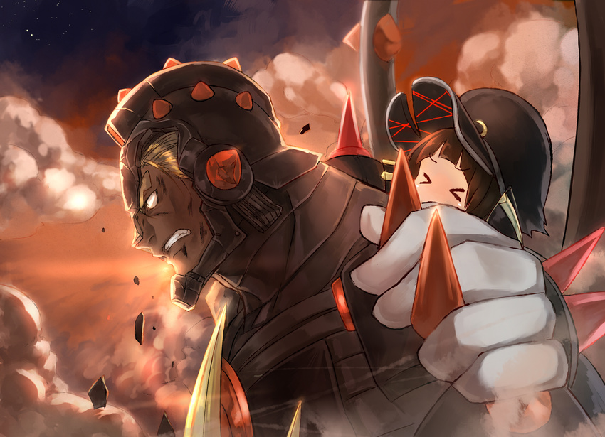 &gt;_&lt; 1girl armor bad_id bad_pixiv_id blonde_hair clenched_hand closed_eyes couple dark_skin determined gamagoori_ira hat helmet hetero highres kill_la_kill life_fiber mankanshoku_mako peaked_cap profile sasaki_(sid328) serious short_hair size_difference spikes upper_body wince yellow_eyes