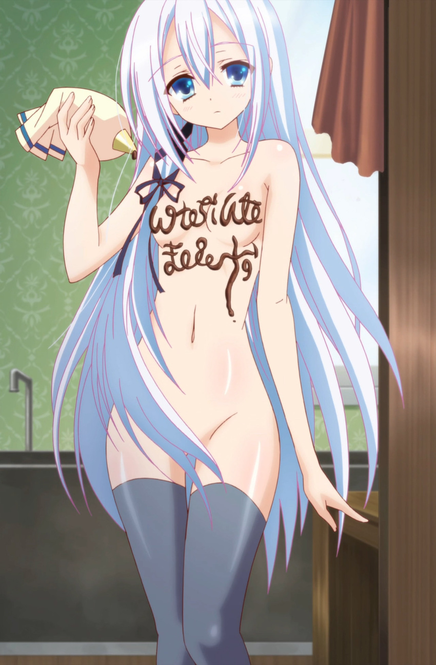 aqua_hair blue_eyes body_writing chocolate chocolate_on_breasts hair_censor highres long_hair nude pastry_bag screencap seirei_tsukai_no_blade_dance solo terminus_est thighhighs very_long_hair