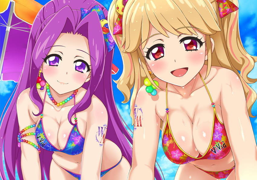 :d aikatsu! aikatsu!_(series) armlet bangs beads belly bent_over bikini blonde_hair blue_bikini blush body_blush bow breasts cleavage clothes_writing cloud colorful crescent day earrings english eyelashes floral_print gradient hair_bow hair_ornament happy highlights jewel_(the_black_canvas) jewelry kanzaki_mizuki large_breasts light_smile lips lipstick long_hair looking_at_viewer makeup multicolored_hair multiple_girls natsuki_mikuru navel necklace open_mouth outdoors print_bikini purple_eyes purple_hair red_bikini red_eyes skindentation sky smile sweat swimsuit tattoo two_side_up very_long_hair wavy_hair