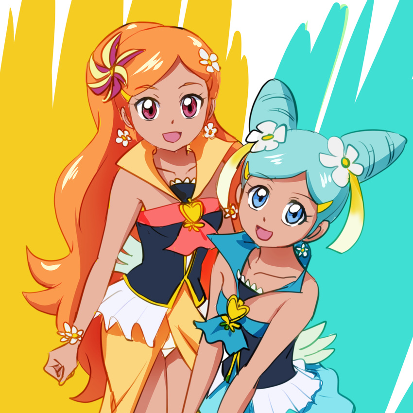 bad_id bad_pixiv_id bare_shoulders blue_eyes blue_hair cure_sunset cure_wave earrings flower hair_flower hair_ornament happinesscharge_precure! highres jewelry long_hair magical_girl mont_blanc_(heartcatch_ayaya) multiple_girls ohana_(happinesscharge_precure!) orange_hair orina_(happinesscharge_precure!) precure red_eyes shirt sketch skirt twintails wrist_cuffs