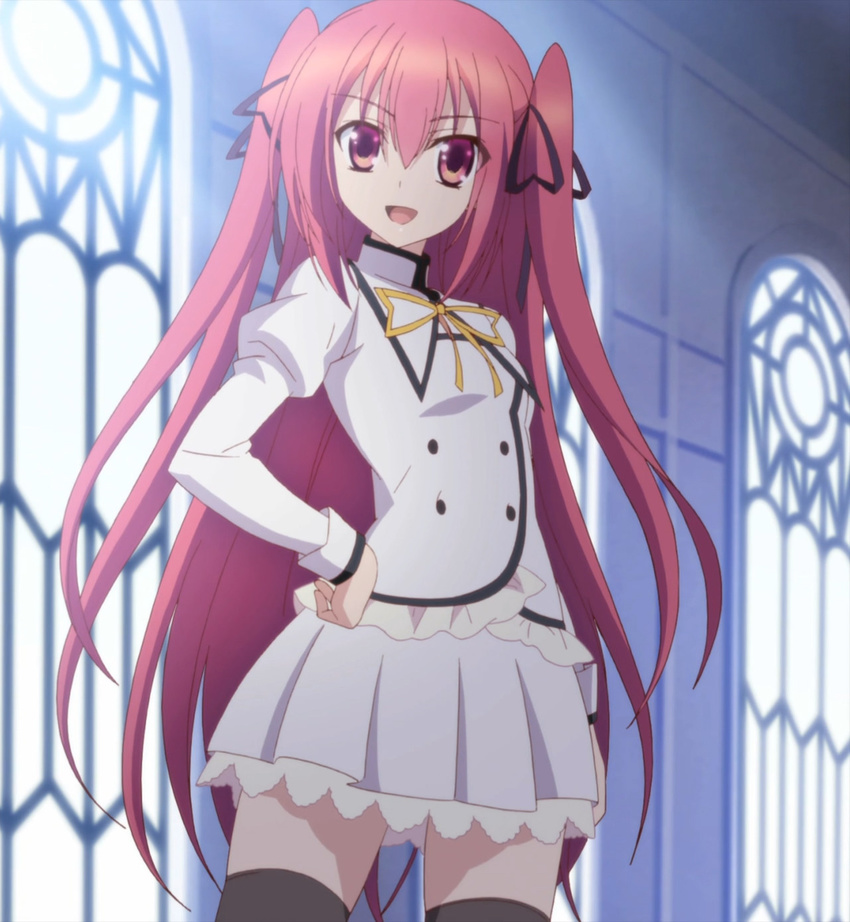 claire_rouge hands_on_hips long_hair pleated_skirt red_eyes red_hair school_uniform screencap seirei_tsukai_no_blade_dance skirt thighhighs twintails window