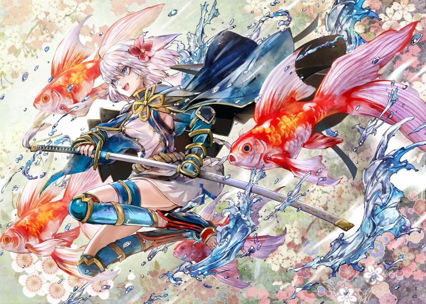 animal blue_eyes cape fish flowers gray_hair kozou original short_hair sword weapon