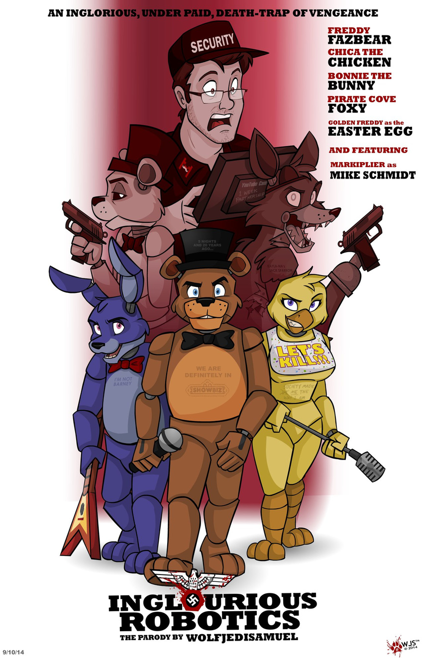 animated anthro avian barefoot beak bear bird bonnie_(fnaf) breasts canine chica_(fnaf) chicken crossover english_text eyewear female five_nights_at_freddy's fox foxy_(fnaf) freddy_(fnaf) games glasses golden_freddy_(fnaf) guitar gun hat headgear human inglourious_bastards instrument lagomorph long_ears looking_at_viewer looking_down machine male mammal markiplier mechanical microphone mike_schmidt nude open_mouth rabbit ranged_weapon robot security smile text tongue weapon wolfjedisamuel