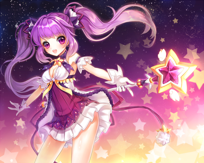 aisha_(elsword) choker dimension_witch_(elsword) elsword gloves haruya_(lajoon) holding holding_wand long_hair magic pleated_skirt purple purple_background purple_choker purple_eyes purple_hair ribbon_choker sidelocks skirt smile solo star star_choker starry_background twintails wand white_gloves